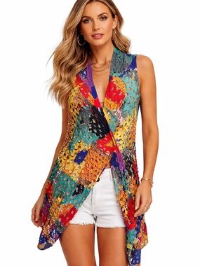 Adore Multicolor and pattern laser cut rainbow wrap vest scarf